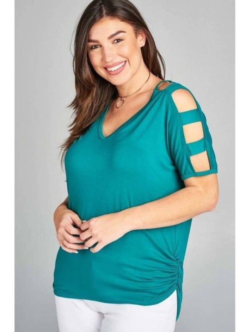 Womens Teal Cut-Out Short Sleeve V-Neck Top With Ruched Side Detail - Size M